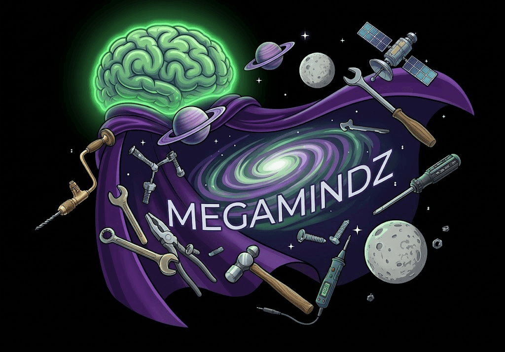 Megamindz, a glowing green brain in a purple galaxy cape surrounded by assembly tools